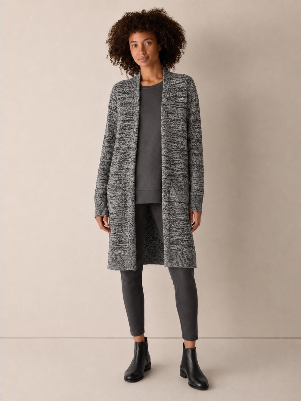 EILEEN FISHER OVERSIZED BLACK WHITE SILK KNIT TRENCH SWEATER CARDIGAN JACKET S